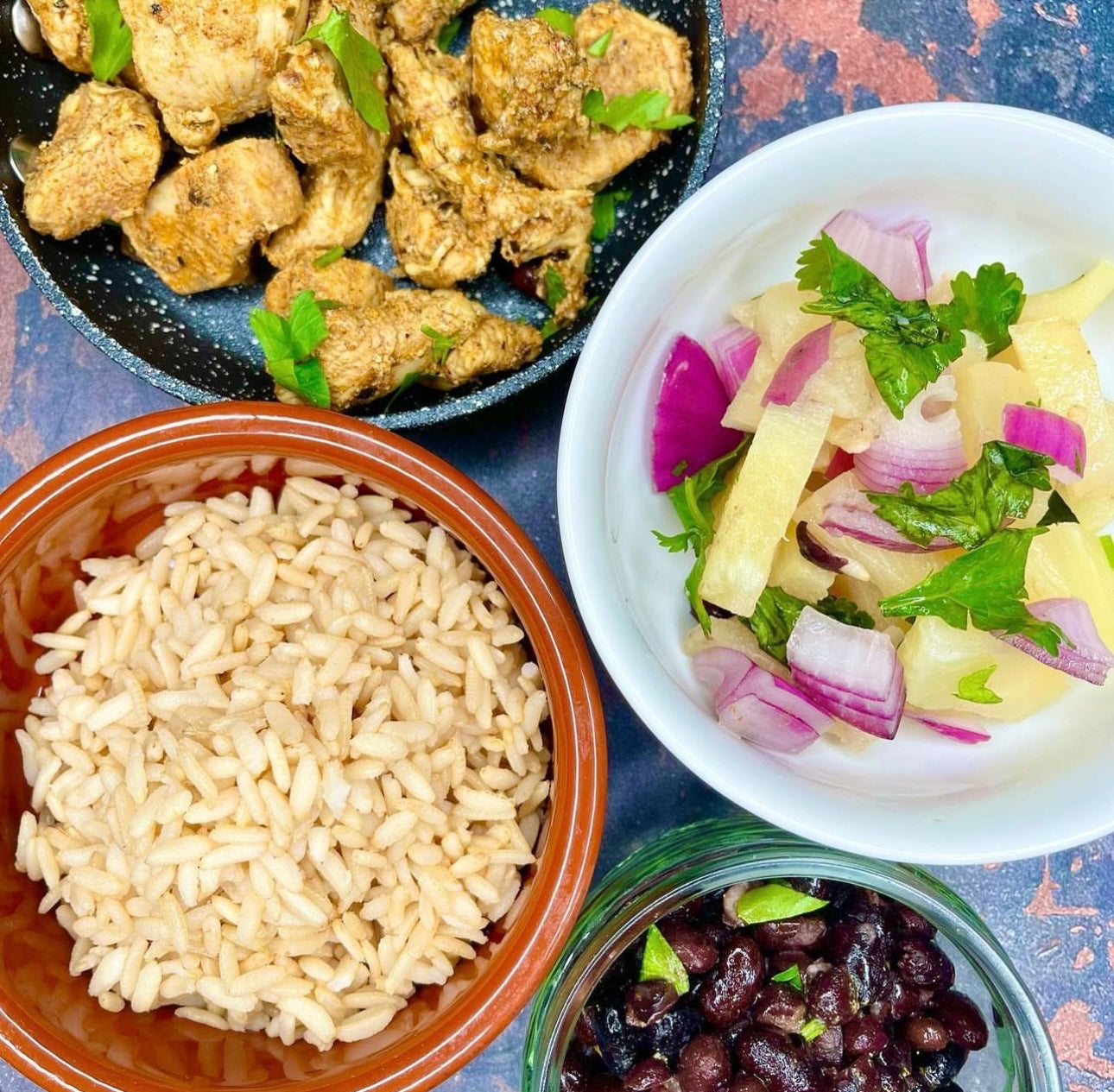 Opt4: Jerk Bowl* with Wholegrain Rice Black Beans & Pineapple Salsa. 241 calories: 45GC/2GF/8GP